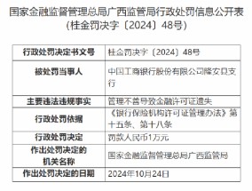 工商银行隆安县支行被罚：因管理不善导致金融许可证遗失