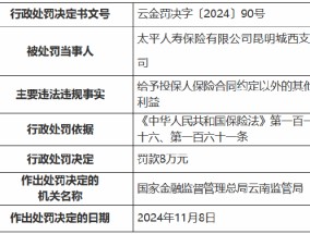 太平人寿昆明城西支公司被罚8万元：给予投保人保险合同约定以外的其他利益