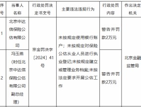 北京中达信保险公估被罚2万元：未按规定使用银行账户 未按规定对保险公估从业人员进行执业登记等