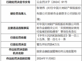 大地财险昆明市金碧路支公司未按照规定使用经备案的保险费率 时任团队经理被罚