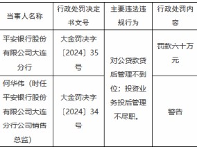 平安银行大连分行被罚60万元：对公贷款贷后管理不到位 投资业务投后管理不尽职